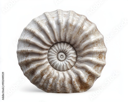 weathered spiral ammonite fossil with radiating fluted ridges and brown patina, concentric whorls and textured surface on white background, evoking ancient calm
