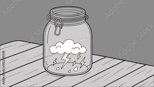 Conceptual 2D illustration of a small storm cloud with yellow lightning bolts trapped inside a glass mason jar sitting on a wooden table.