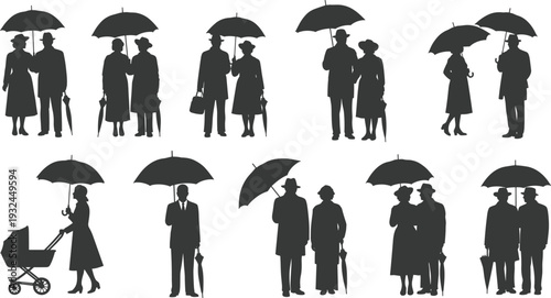 Black Silhouette Illustration Set of People with Umbrellas, Couples Walking in Rain, and Woman with Baby Stroller for Design