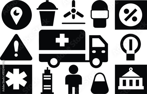 Universal Icon Set for Healthcare Logistics, Renewable Energy, Urban Infrastructure, and Emergency Medical Services