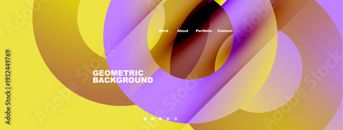 Abstract geometric shapes, vibrant colors, website header design. Navigation menu present, dots indicate slides. Modern, stylish presentation.