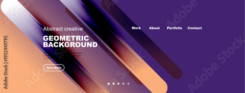 Abstract website header design. Vibrant colors, geometric shapes, modern aesthetic. Includes navigation, button, dots.