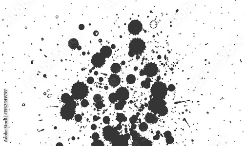 Abstract artwork features bold black ink splatters scattered across a clean white background. speckles to large irregular ink blots, creating a strong sense of movement and spontaneity