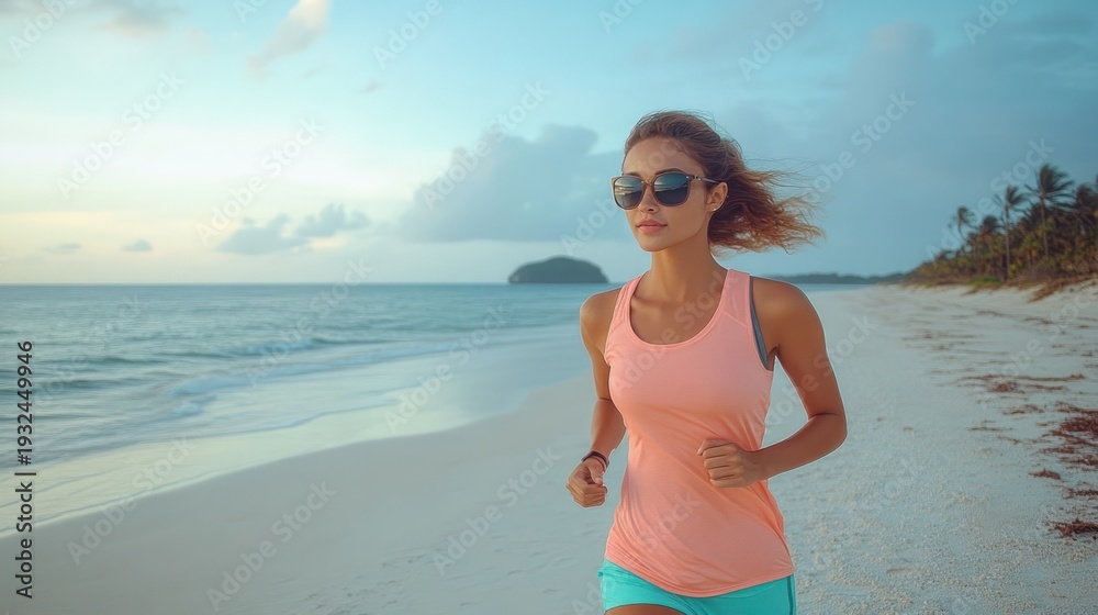 Fototapeta premium Woman jogging along empty tropical beach with calm sea, distant island, palm trees and pastel sky, feeling energized and peaceful