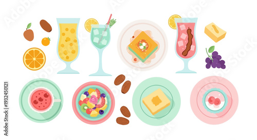 Assortment of Colorful Drinks and Food Plates Illustration.