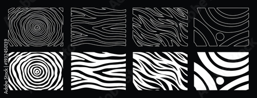 Abstract wood grain patterns set isolated on black background. Topographic rings and flowing line textures in outline and solid styles for modern design. Flat vector pattern collection.