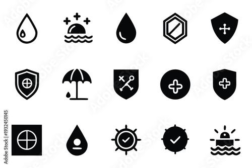 Sun Protection and Skincare Icon Set for UV Defense, Dermatology, and Cosmetic Product Labeling