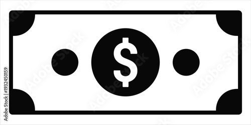 Black and white icon of a dollar bill with a dollar sign money currency