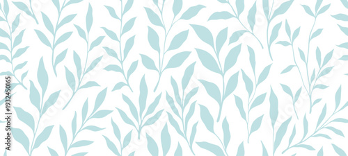Seamless botanical leaf pattern in soft blue tones. Elegant minimal foliage background perfect for wallpaper, fabric, and packaging design. Modern nature inspired surface texture illustration.