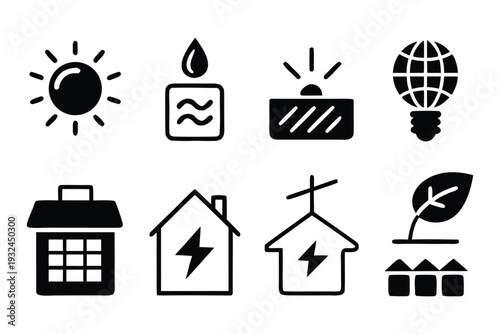 Renewable energy and smart home icon set for sustainability and green technology concepts