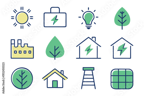 Sustainable Green Energy and Smart Eco Home Icon Set