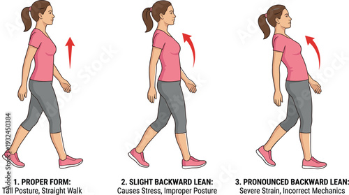 Medical Illustration of Proper Walking Posture and Incorrect Backward Lean Form Showing Spine Alignment Stress and Mechanics for Health Wellness and Physical Therapy
