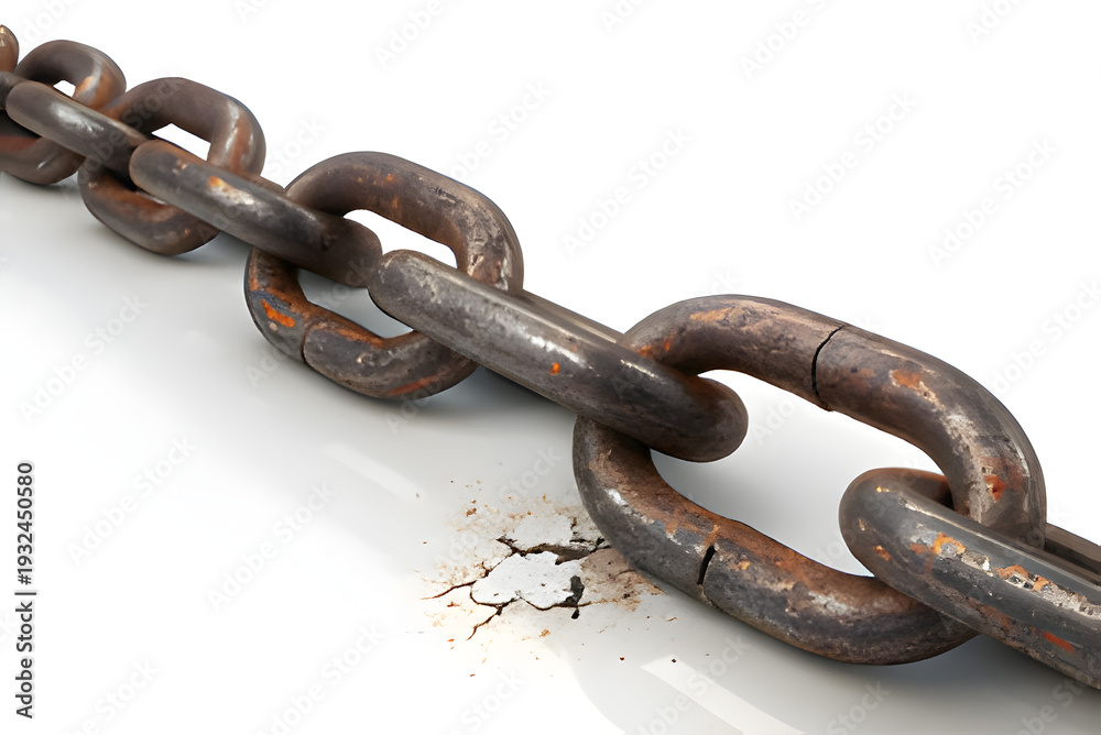 Obraz premium Closeup of a heavy, rusty metal chain link showing signs of wear and corrosion, lying on a reflective white surface