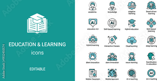 Education and learning technology editable icon set with AI hybrid classes cloud computing smart tutoring and digital classroom symbols isolated on white background