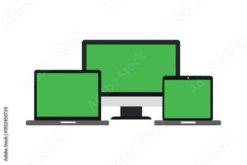 Modern Responsive Device Mockup with Green Screens Featuring Desktop Computer and Laptops