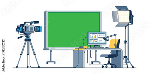 Professional video production studio setup with camera, green screen, and lighting equipment for high-quality content creation
