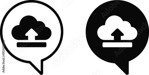 Cloud upload icons in black and white speech bubbles download data