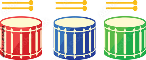 Colorful Musical Drum Illustration Set with Red, Blue, and Green Snare Drums and Wooden Drumsticks for Marching Band and Music Design