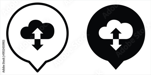 Cloud upload and download icons in black and white speech bubbles data