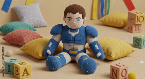 Plush toy robot character sitting amongst colorful children's play items.