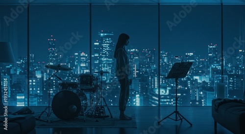 Woman silhouetted against a city night view, standing near a drum set.