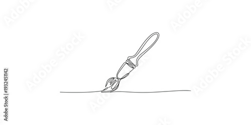 Minimalist hand drawn line art illustration of a paintbrush creating a dashed line.