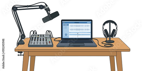 Professional recording studio setup with laptop, audio mixer, microphone, headphones on wooden desk, overhead lighting, front view