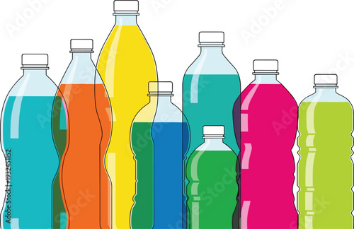 Colorful Plastic Bottle Illustration Set with Various Shapes and Sizes, Transparent Beverage Containers in Multiple Bright Colors