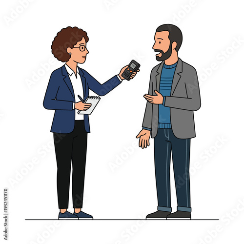 A journalist conducts an interview with a man standing face to face in a neutral setting, capturing the moment with a digital recorder
