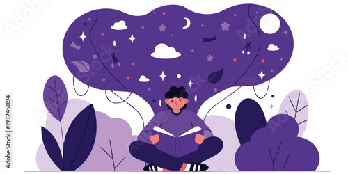 Child Reading Book with Fantasy Imagination Bubble: Magical Elements Vector Illustration
