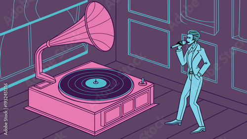 Vintage gramophone and stylized male singer performing with a microphone in a retro room, flat vector illustration for music and entertainment concepts
