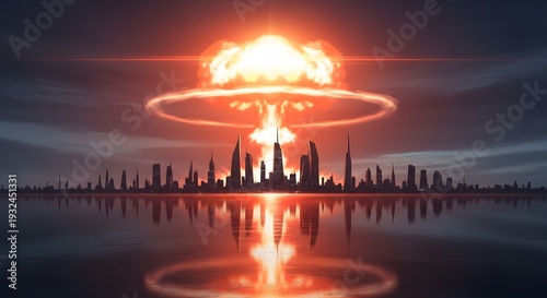 Conceptual 2D artwork showing the impact of an atomic bomb with a futuristic city silhouette in the distance, glowing mushroom cloud illuminating the skyline