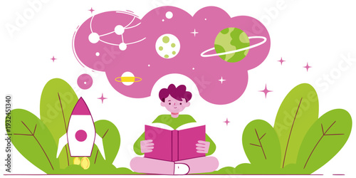 Child Reading Book with Imagination Bubble: Aerospace Astronomy Rockets Planets Stars Vector Illustration