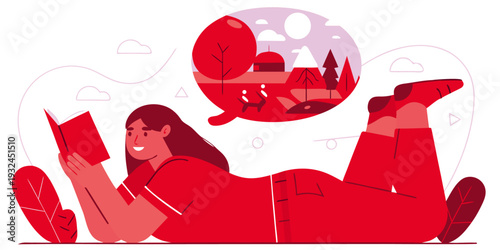 Happy Girl Lying on Ground Reading Book with Fantasy Imagination Bubble Vector Illustration