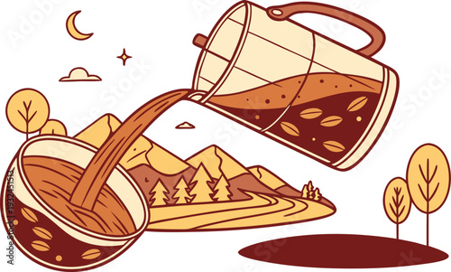 Coffee pouring into cup with mountain landscape vector illustration