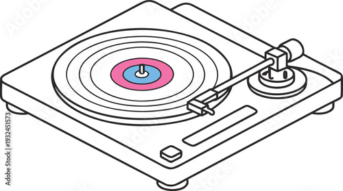 Isometric line art vector illustration of a retro turntable with a vinyl record playing featuring minimalist pink and blue accents for music projects