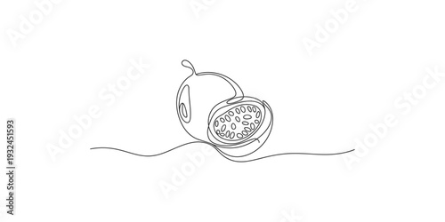 Continuous line drawing of a whole and sliced passion fruit on a white background