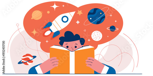 Child Reading Book with Aerospace Imagination Bubble: Rockets Planets Stars Galaxies Vector Illustration