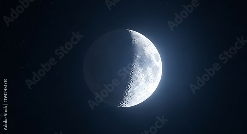 A detailed image of the half-lit moon in space, highlighting craters and the dark side