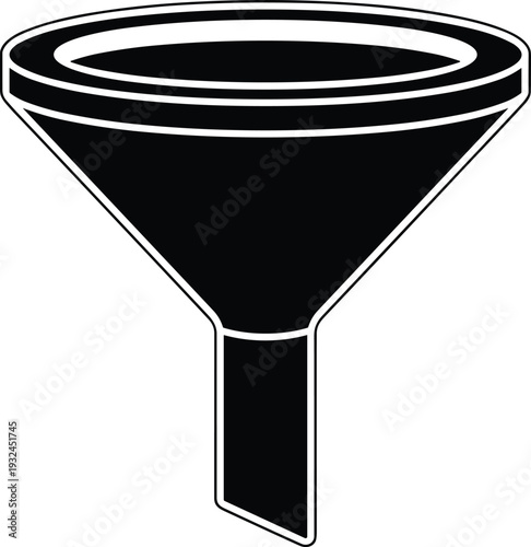 Black and white silhouette funnel icon with wide circular opening tapering to narrow spout, simple bold outline design for kitchen, laboratory, industrial, household use