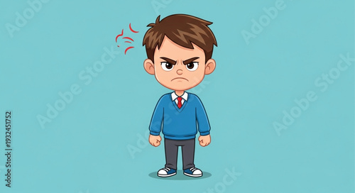 Angry young boy with a stern expression and furrowed brow, looking upset.