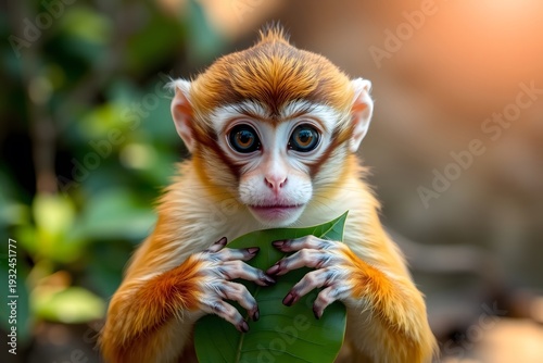 Squirrel monkey holding a leaf