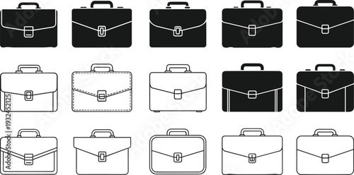 Collection of professional briefcase icons in multiple styles including solid, outlined, and detailed designs for business, branding, user interface, and graphic design illustration resources.