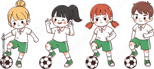 Cute Little Boys and Girls in Uniform Playing Soccer with Footballs, Diverse Group of Active Kids Illustration for Sports Design
