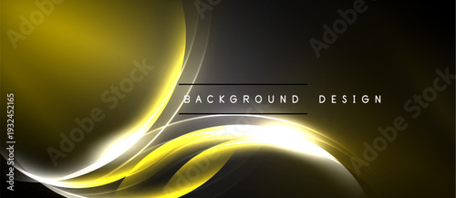 Abstract yellow, white lines over dark background. Modern design element for banners, presentations. Smooth curves create dynamic visual effect.