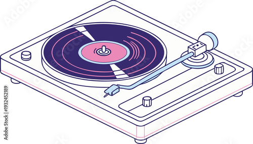 Vintage record player turntable with spinning vinyl disc shown in isometric flat vector illustration style for music and retro hobby concept designs
