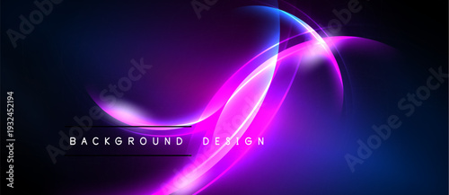 Abstract neon curves, vibrant purple, blue hues. Dark background creates dramatic visual effect. Modern design element.