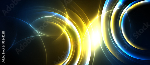 Abstract design features vibrant blue, yellow light curves. Dynamic energy radiates from central bright point. Modern, sleek aesthetic.