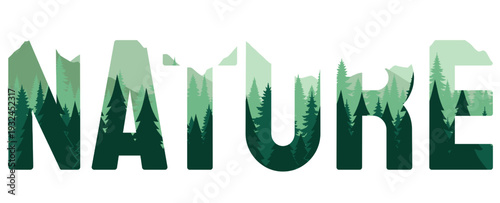 Nature typography design with green forest and pine trees inside bold letters, eco themed text illustration isolated on transparent background PNG, ideal for environmental branding and sustainability 