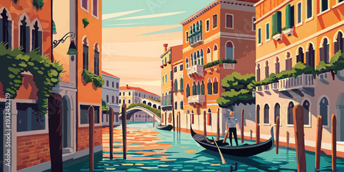 Venetian gondolier navigating through picturesque canal in historic city